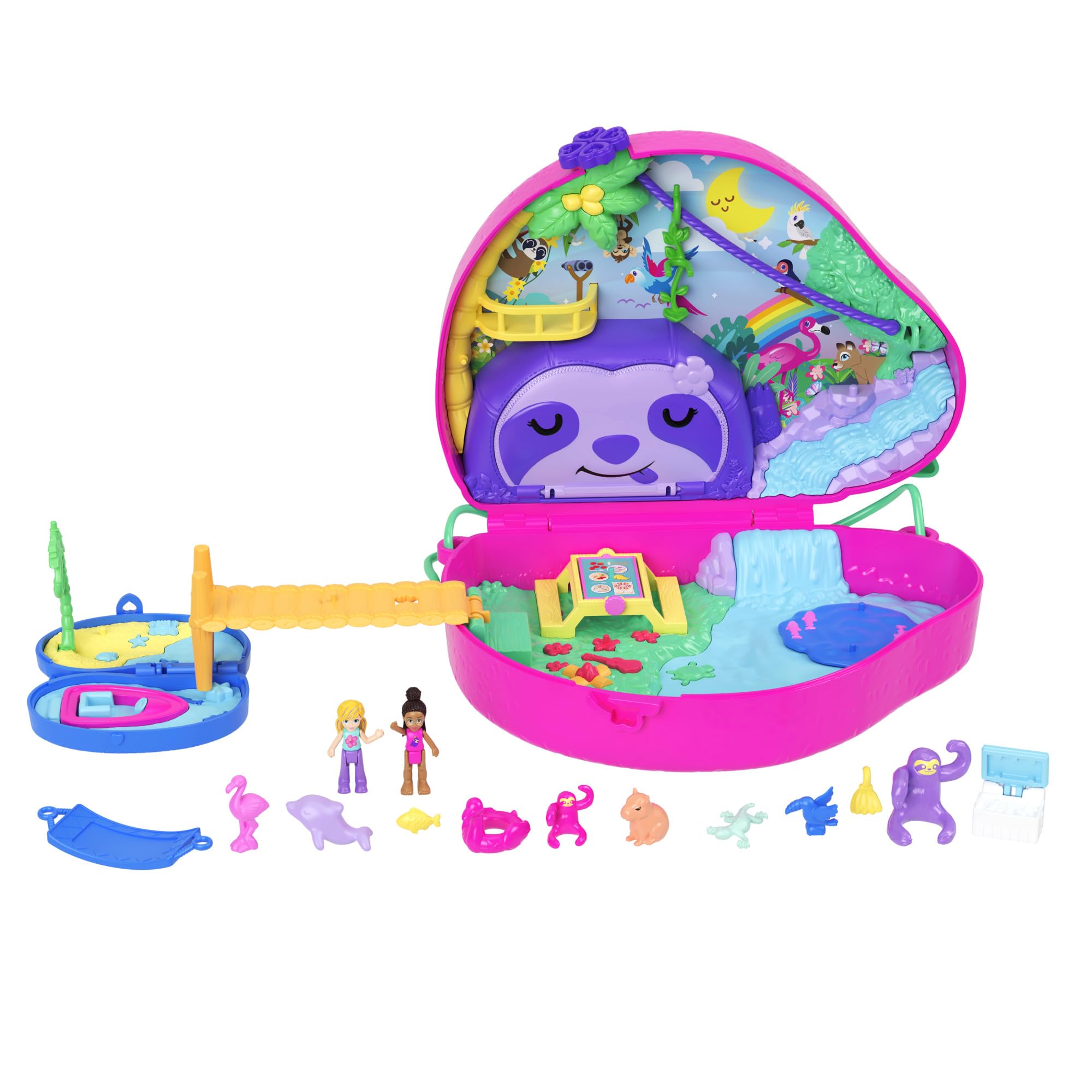 Polly Pocket Playset and Travel Toy with 2 Micro Dolls, Animal Toy, Sloth 2-in-1 Purse Compact