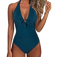 SUUKSESS Women Sexy Halter One Piece Swimsuits Ruffle Tummy Control Bathing Suit