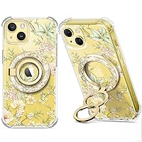 GVIEWIN Bundle - Compatible with iPhone 14 Case (Peach Blossom/Yellow) + Magnetic Phone Ring Holder (Glitter/Gold)