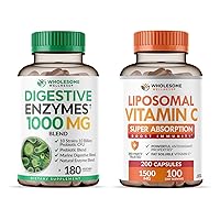 Wholesome Wellness Digestive Enzymes 1000MG Plus Prebiotics & Probiotics + Liposomal Vitamin C Capsules (200 Pills 1500mg Buffered) Bundle