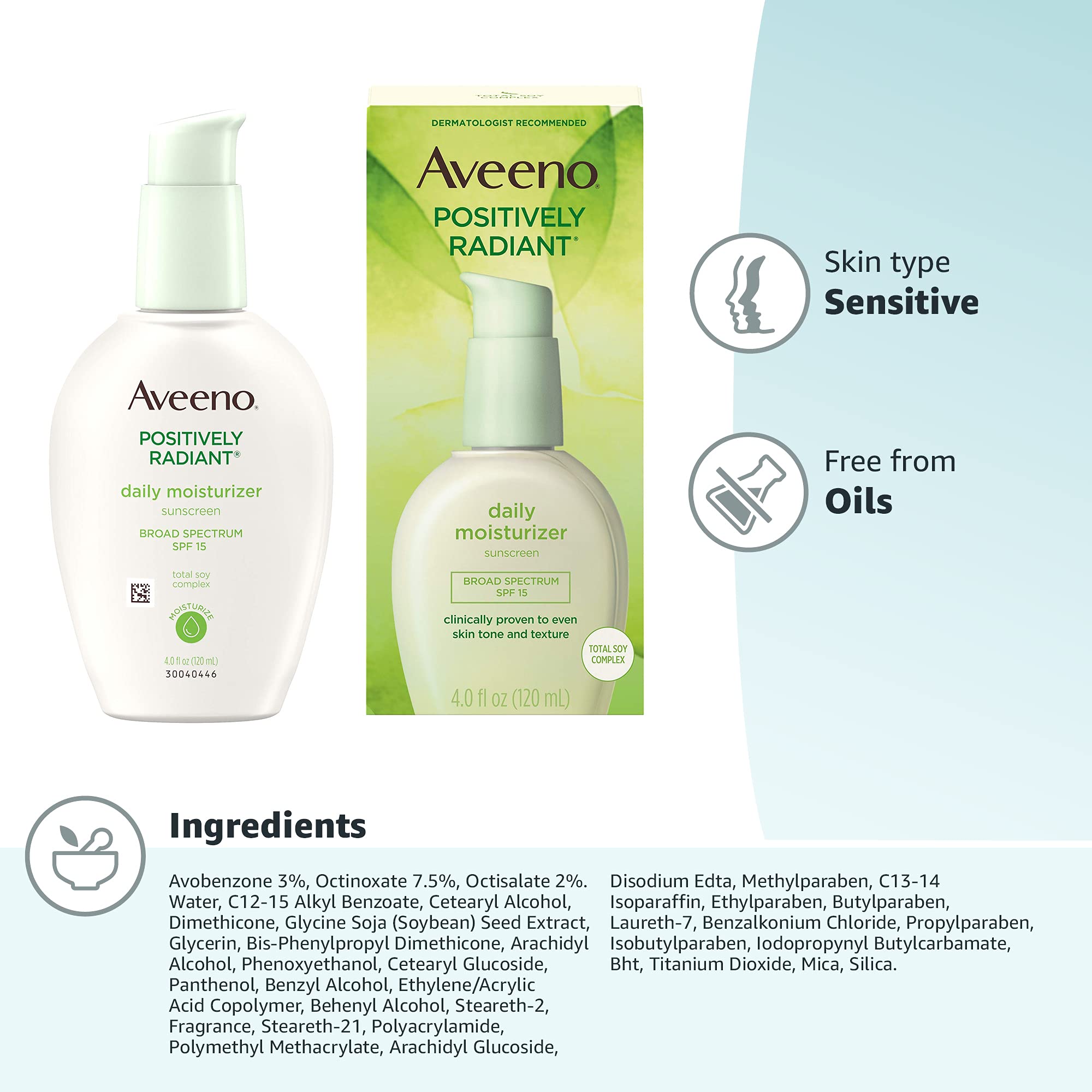 Aveeno Positively Radiant Daily Facial Moisturizer with Broad Spectrum SPF 15 Sunscreen & Total Soy Complex for Even Tone & Texture, Hypoallergenic, Oil-Free & Non-Comedogenic, 4 fl. oz