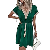 Casual Summer Dresses for Women 2023 Guipure Lace Fringe Detail Batwing Sleeve Flowy Beach Dress