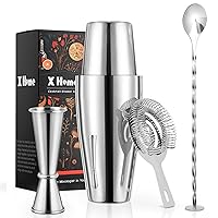 X Home Cocktail Shaker Set, Professional 4-Piece Bartender Kit with Boston Shaker, Hawthorne Strainer, Double Measuring Cocktail Jigger, and 10-inch Mixing Spoon, Bartender's Choice