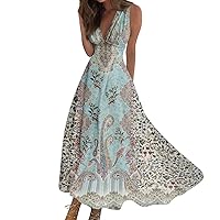 Boho Floral Formal Dress for Women,2024 Fashion Summer Wrap V Neck Pleated Flowy Maxi Dress