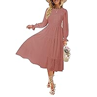 MEROKEETY Women's Casual Long Sleeve Smocked Dress Crewneck Swiss Dot Flowy Tiered Midi Dress
