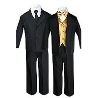 Unotux 7pc Boys Black Suit with Satin Gold Vest Set (S-20)