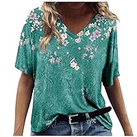 Mothers Day Shirt Summer V Neck Tshirts Plus Size Short Sleeve Casual Tops Loose Fit Boho Floral Tees Blouses S-5X