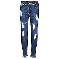 Girls Skinny Jeans Kids Dark Blue Denim Ripped Stretchy Pants Trousers Jeggings