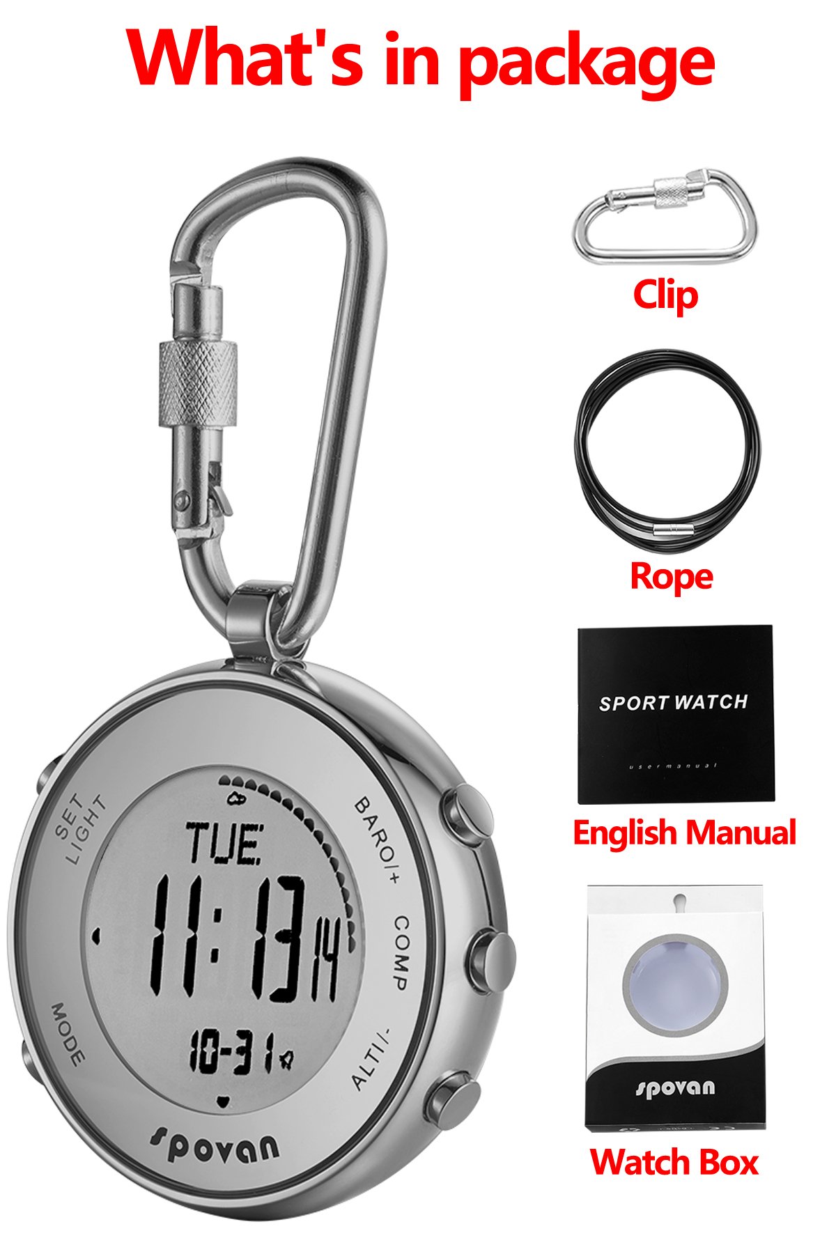 Pocket Clip Watches Silver Digital Sports Hiking Altimeter Barometer Compass