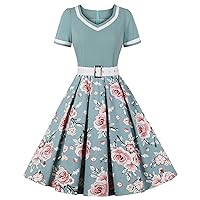 Women 1950s Cocktail Party Evening Prom Gown Vintage Short Sleeve Peter Pan Collar Retro Swing A Line Midi Summer Dress
