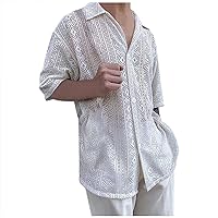 Men's Sheer Mesh See Through Glitter Button Front Half Sleeve Shirt Tops Hollowing Out Hawaiian Casual Turndown Collar Tops