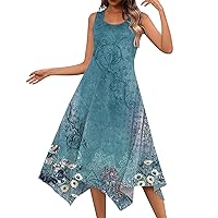 Women's Casual Fashion Round Neck Sleeveless Dress Floral Print Irregular Hem Midi Summer Dresses for Women 2024