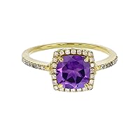 Sterling Silver Yellow 7mm Cushion Amethyst & Created White Sapphire Halo Ring