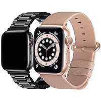 Fullmosa Compatible Stainless Steel Apple Watch Band 38mm/40mm/41mm Black with Case & Compatible Leather Apple Watch Band 38mm/40mm/41mm, Beige