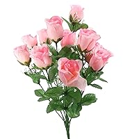 14 Stem Artificial Flowers Roses Bloom Bush Spring Faux Flower Arrangement for Outdoor & Indoor Wedding Home Decor, Cemetery Decorations for Grave, Summer Flowers, Pink