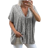 Women Blouses Business Casual, Women's Casual Loose Solid Color Dropped Shoulder Short Sleeve V Neck Sequin Top T-Shirt