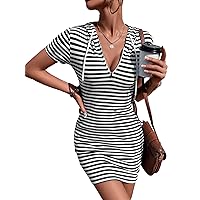 Milumia Women's Striped Half Zip Drawstring Mini Hoodie Dress Short Sleeve Bodycon Tshirt Dresses