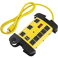 Heavy Duty Power Strip with USB, Workshop 8 Outlet Surge Protector 2700 Joules, Industrial Metal 15Amp Power Strip, 10 FT Extension Cord and Wide Spaced. Yellow