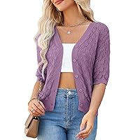 GRACE KARIN Women's Summer Short Sleeve Cropped Cardigan Sweaters Crochet Knit Shrug Open Front V-Neck Button up Tops