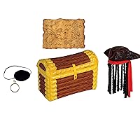 Beistle Pirate Themed Party Decoration Kit - Inflatable Treasure Chest Drink Cooler, Caribbean Pirate Hat with Dreadlocks, Treasure Map, Pirate Eye Patch, Plastic Gold Earring - Halloween Dress Up