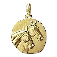 CLEVER Jewellery Golden Pendant 2 Horses as unrunde medal 16 MM matt and Shiny / Matte Pferdeköpfe GOLD 333