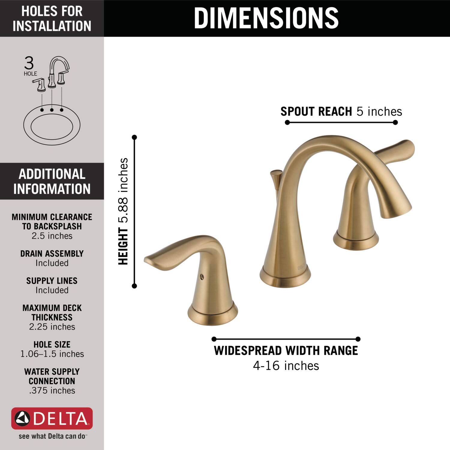 Delta Faucet Lahara Widespread Bathroom Faucet 3 Hole, Gold Bathroom Faucet, Diamond Seal Technology, Metal Drain Assembly, Champagne Bronze 3538-CZMPU-DST