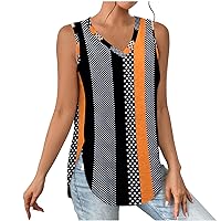 Womens Vintage Tank Tops Side Split Curved Hem Fashion Tunic Tees Summer Sleeveless V Neck Casual Loose Fit T-Shirt