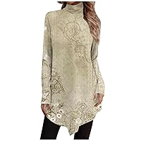 Womens 2023 Dressy Turtleneck Tops Irregular Hem Long Sleeve Fashion Fall T-Shirts Pullover Tops