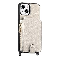 Genuine Leather Phone Case for iPhone 15/15pro/15pro Max/15 Plus with Long Lanyard Wallet Style Stand Zipper Anti-Fall Protective Cover (Gray,15plus)