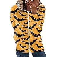 Zip Up Hoodies For Women Halloween Oversized Color Block Pumpkin Print Sweatshirt Casual Workout Jacket With Pocket
