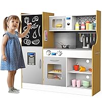 Wooden Play Kitchen, Large Size Kids Kitchen Play Set, Pretend Toy Kitchen for Toddler with Lights & Sounds, Kids Kitchen with Blackboard, Phone, Oven, Microwave, Stoves, Gift for Ages 3+