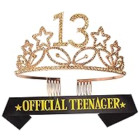 13th Birthday Sash and Tiara for Girls - Fabulous Set: Glitter Sash + Stars Rhinestone Gold Premium Metal Tiara, 13th Birthday Gifts for Teenegers Party