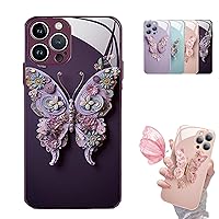 Flat 3D Butterfly Pattern Glass Cover Compatible with iPhone, Floral Butterfly Pattern Cute Soft Creative Cover for iPhone 14/13/12/11/ Pro/Pro Max (Dark Purple,for iPhone 11)