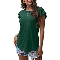 PrinStory Women's Tops Summer Casual Ruffle Short Sleeves Knit Shirts Round Neck Tunic Top for Women 2024 Fashion Trend