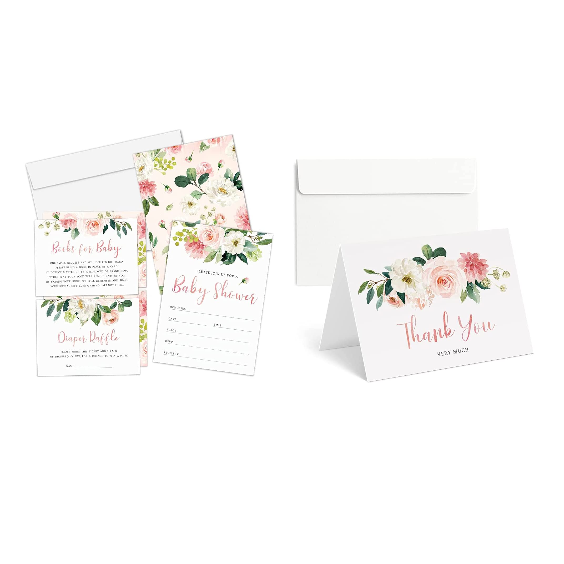 PartyGraphix Floral Baby Shower Bundle: Invitations and Thank You Cards with Envelopes, Diaper Raffle Tickets and Book Request Cards