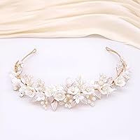 Gold Bridal Headbands Wedding Headpieces With Ceramic Flowers Wide Pearl Wedding Hair Accessories For Women And Girls