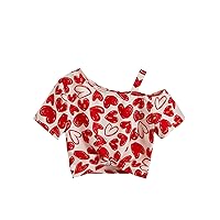 OYOANGLE Girl's Heart Print Asymmetrical Neck Short Sleeve Twist Hem Crop Tee Shirt Top