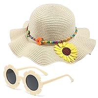 Girls Straw Hat with Flower Round Sunglasses, Summer Foldable Large Brim Sunflower Bowknot Beach Toddler Straw Sun Hat, 2-6T