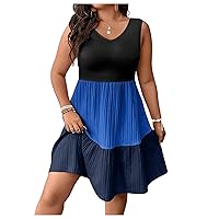MakeMeChic Women's Plus Size Colorblock Sleeveless Tank Dress Pleated Ruffle Swing Dresses