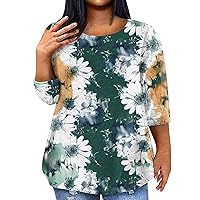 Vintage Tops for Women Plus Size 2024 Summer Print Casual Loose Fit with 3/4 Sleeve Scoop Neck Blouses