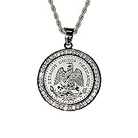 Men Women 925 Italy 14k White Gold Finish Iced Round Mexican Coin Centenario Mexicano Moneda Estados Unidos Mexicanos pendant Ice Out Pendant Stainless Steel Real 2.5 mm Rope Chain Necklace, Men's Jewelry, Iced united Mexican States Pesos Coin Pendant, Chain Pendant Rope Necklace