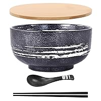 Japanese Ramen Bowls with Lid Spoon,Ceramic Ramen Bowl Hand Drawn Rice Bowl Retro Tableware Noodle Bowl 6.5 inch,A-Black-White
