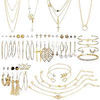 38 PCS Gold Jewelry Set with 4 PCS Necklace,10 PCS Bracelet,24 PCS Layered Ball Dangle Hoop Stud Earrings for Women Girls Jewelry Fashion and Valentine Birthday Party Gift