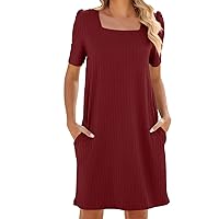 Knitted Jacquard Womens Tunic Mini Dress Summer Square Neck Short Sleeve Shirt Dresses Solid Loungewear with Pockets