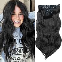 Clip In Hair Extensions Synthetic Hair Topper Long Wavy 4PCS Thick Hairpieces Fiber Double Weft Hair Pieces for Women (20inch, Black)