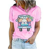 Women's Truck Farm Rabbit Carrot T-Shirt Happy Easter Shirts 2024 Summer Short Sleeve Round Neck Loose Fit Blouses