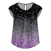 Summer Outfits Peplum Tops for Women 2024 Summer Casual Fashion Print Bohemian Loose Fit with Short Sleeve Round Neck Shirts Purple Small