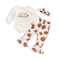 My First Halloween Baby Girl Outfit Puff Sleeve Romper Pumpkin Bell Bottoms Headband Newborn Halloween Clothes Set