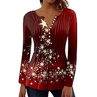 Ugly Fall Christmas Sweater for Women 2023 Fashion Casual Pleated Button Leader Cute Snowman Print Patterne Tops