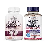 Wholesome Wellness Happy Formula Natural Formula Relief Supplement + Dr. Formulated Raw Probiotics for Women 100 Billion CFUs Bundle